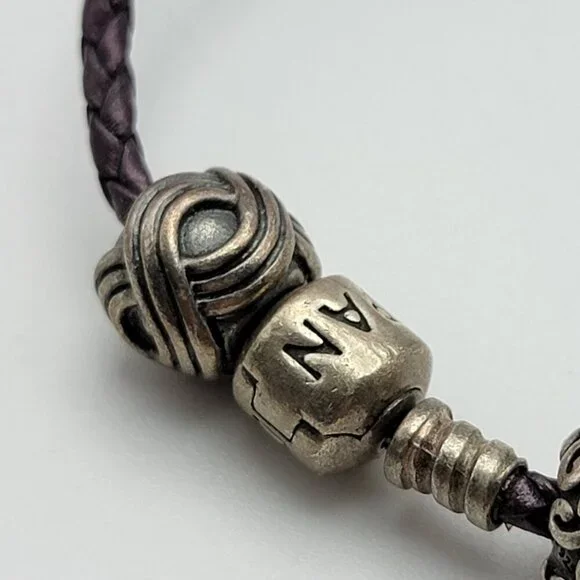 Pandora Brown Woven Leather Bracelet 6" With 3 Sterling Silver Charms All Marked - Picture 3 of 9